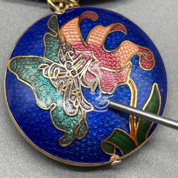 Vintage Cloisonne Enamel Butterfly Lily Pendant Necklace Blue Double Sided 24" - Picture 3 of 9